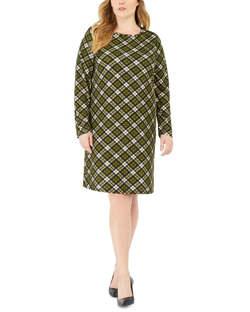 Front of a model wearing a size 1X Michael Kors Women's Plus Plaid Long Sleeve Shift Dress Green Size 1X in Green by Michael Kors. | dia_product_style_image_id:312942